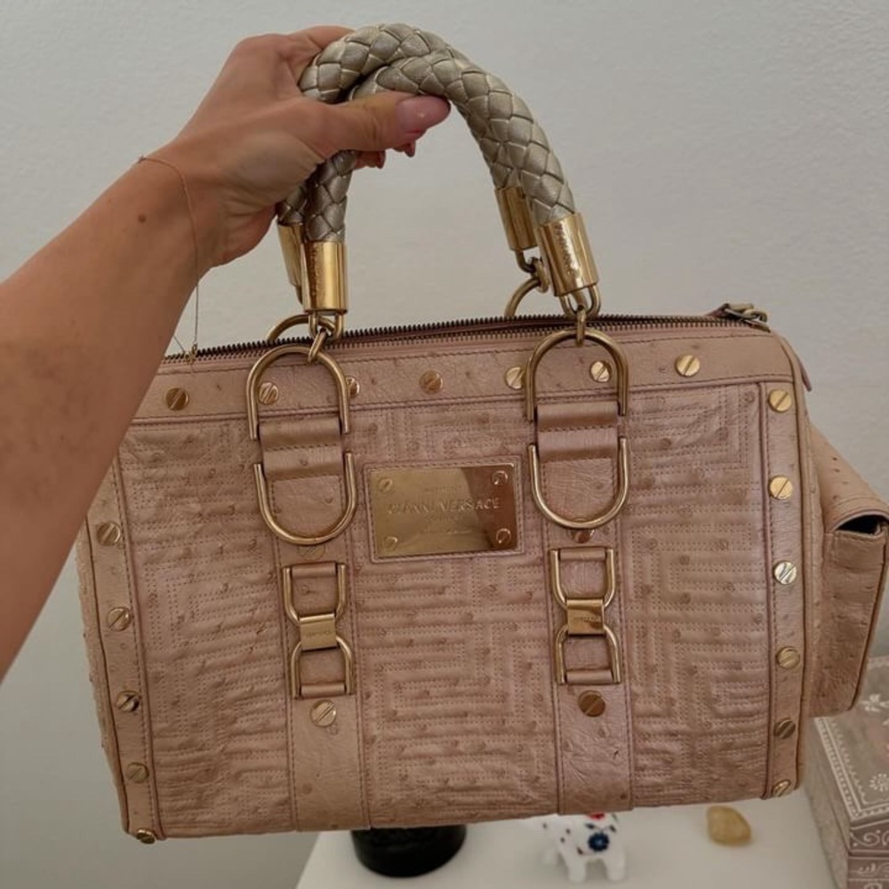 Vintage Y2K Gianni Versace Couture Beige Top Handle Ostrich Bag